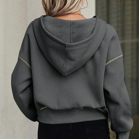 Dark Grey Casual Women's Half-Zip Hooded Sweatshirt - Picture 3 of 6